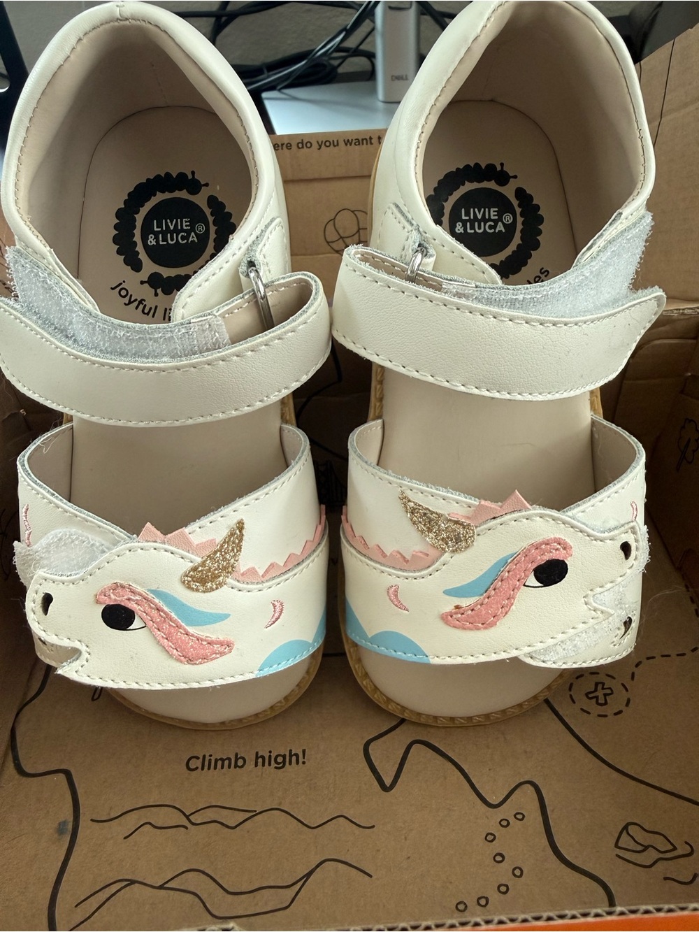 Livie & Luca White Unicorn Sandals with Pink and Blue Accents